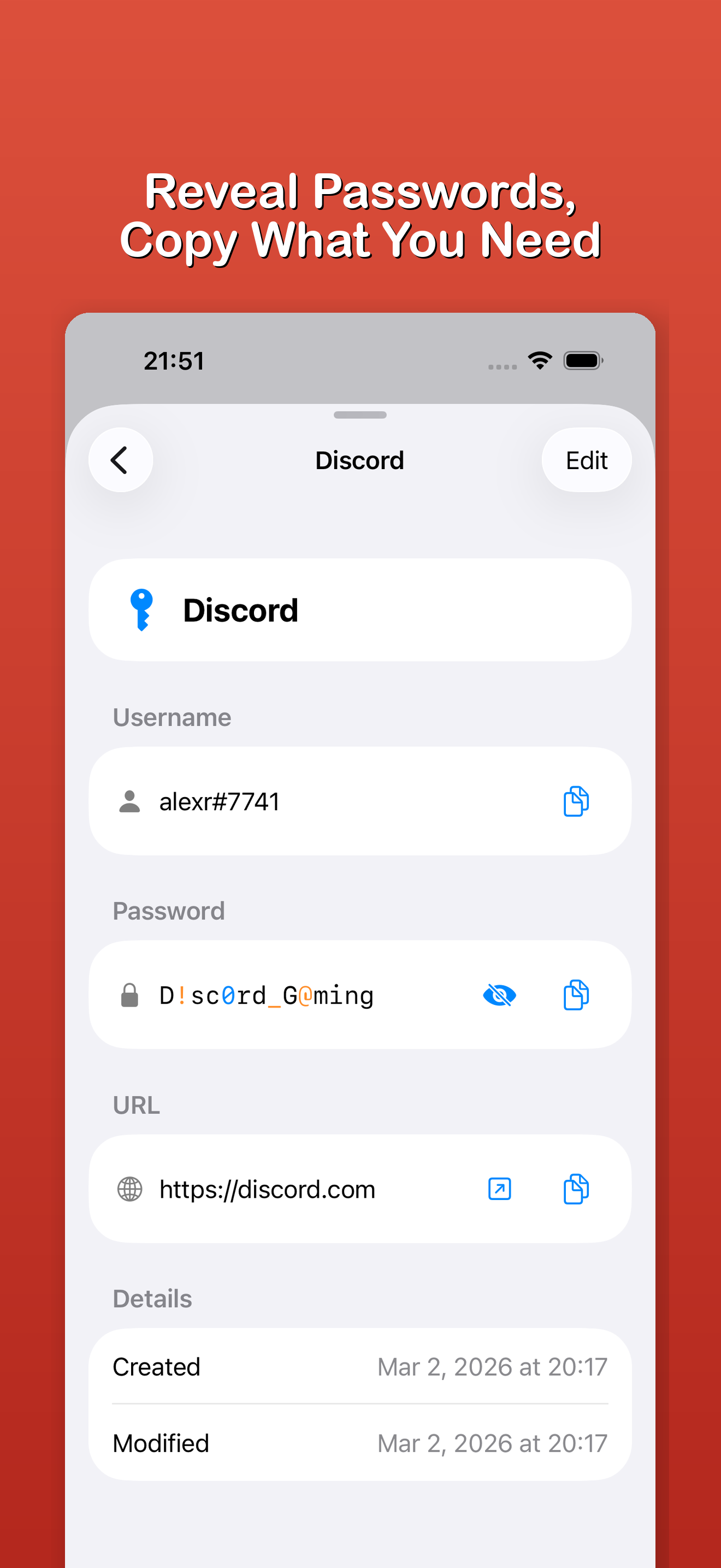 Entry detail view with username, password, URL, and one-tap copy