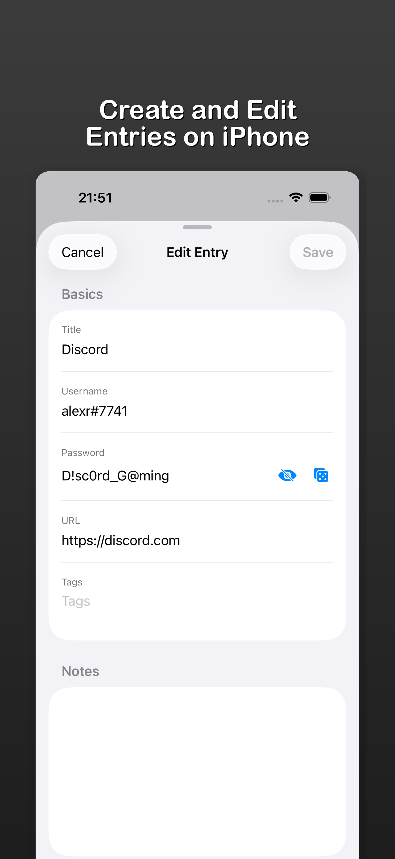 Editing a password entry inside KeeForge with an autosaved draft